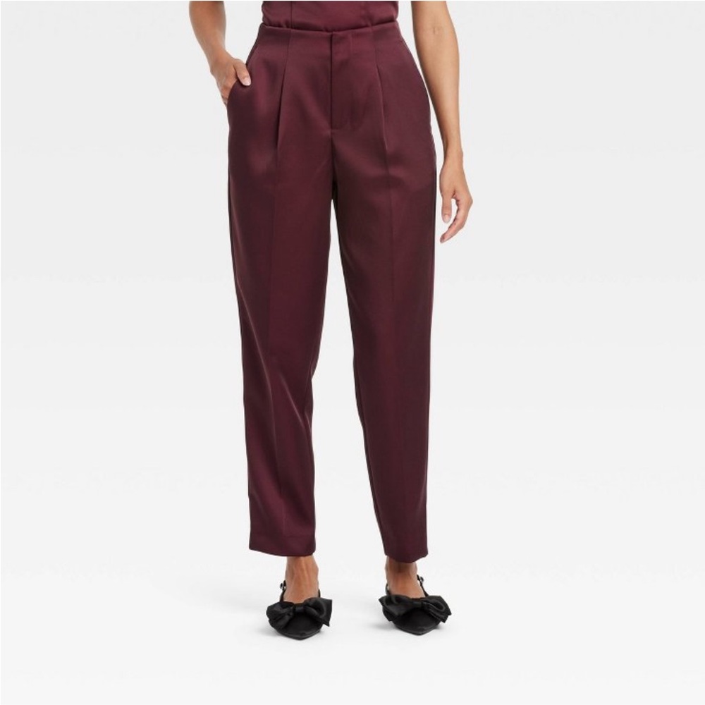 NWOT Women's Super-High Rise Tapered Ankle Tailored Satin Trousers - Burgundy 16
